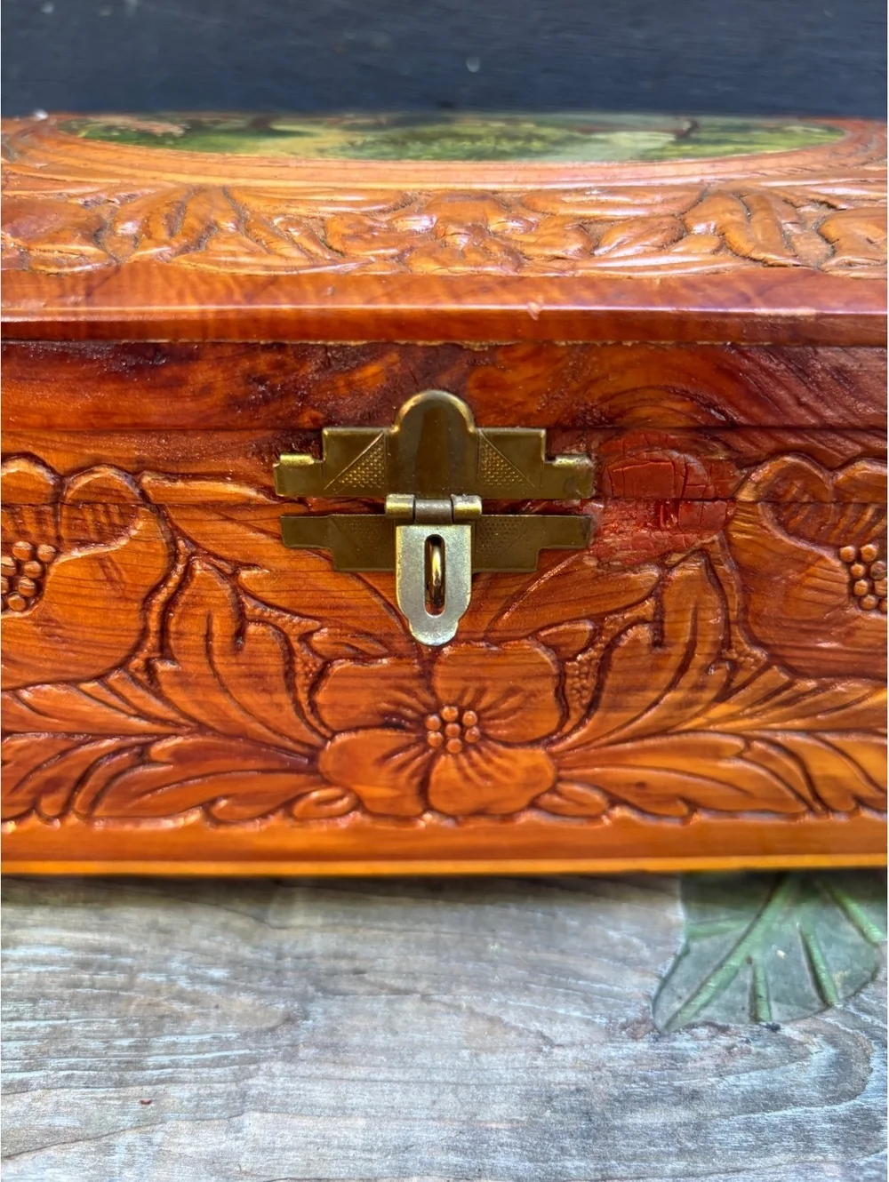 Vintage Carved Wood Jewelry Box, Cottage Scene Print, Footed with Brass Clasp